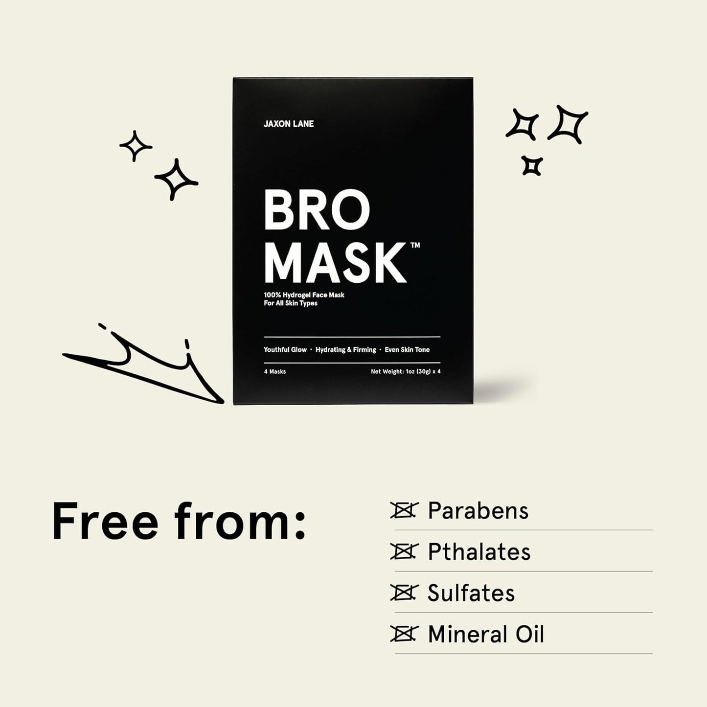 JAXON LANE BRO MASK: Korean Face Mask for Men | 2 Pc. Hydrating Anti Aging Sheet Masks Contain Vitamin C, Vitamin E, Hyaluronic Acid, Hydrolyzed Collagen for Face Care, Acne Treatment (4 X 4 Packs)