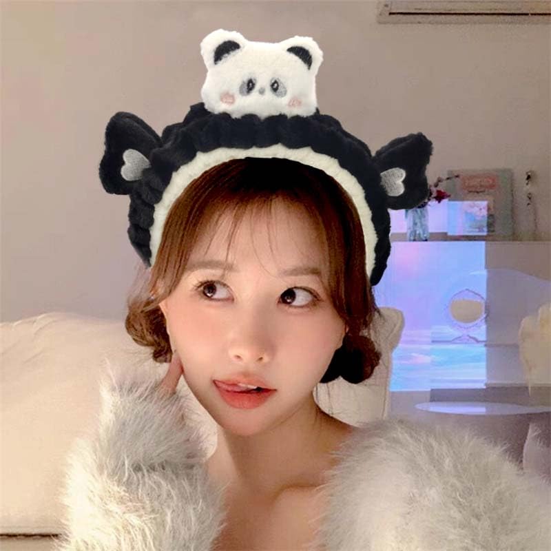 Kawaii Spa Headband,Cute Bear Headband for Women Skin Care, Makeup and Wash - Soft Microfiber Coral Fleece Towel Headband for Girls Hair(Black,Bear)