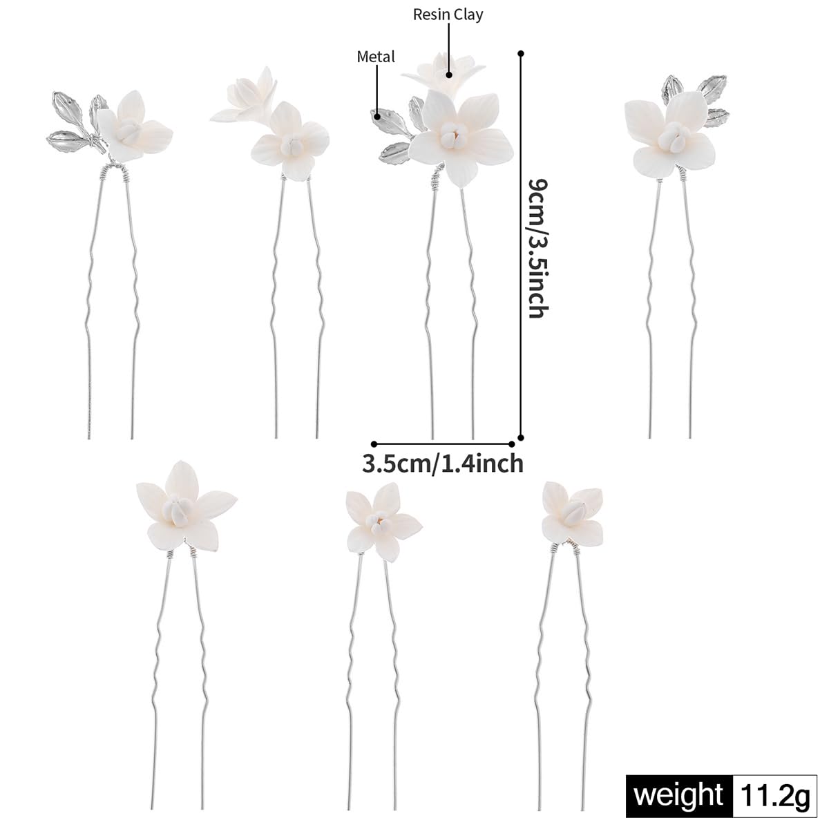 Handmade Bridal Wedding Hair Pins 7 Pcs Polymer Clay White Flower Hair Clips Silver Wedding Hair Accessories for Women Bride Bridesmaid