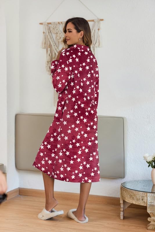 Ekouaer Women's Zip Up Robe Fleece Bathrobe Long Zipper Lounger Warm Housecoat Long Sleeve Nightgown with Pockets S-XXL