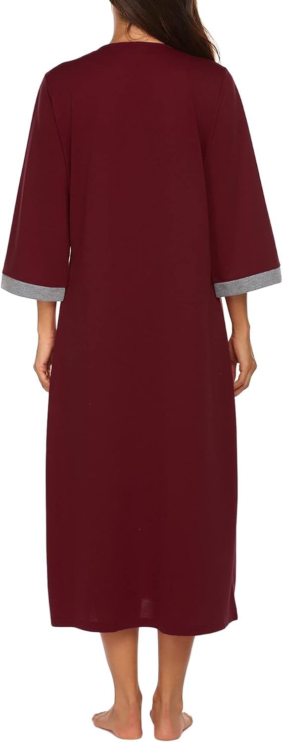 Ekouaer Women Zipper Robe 3/4 Sleeves Loungewear Dress Full Length Sleepwear Pockets Housecoat Nightgown Long Bathrobe