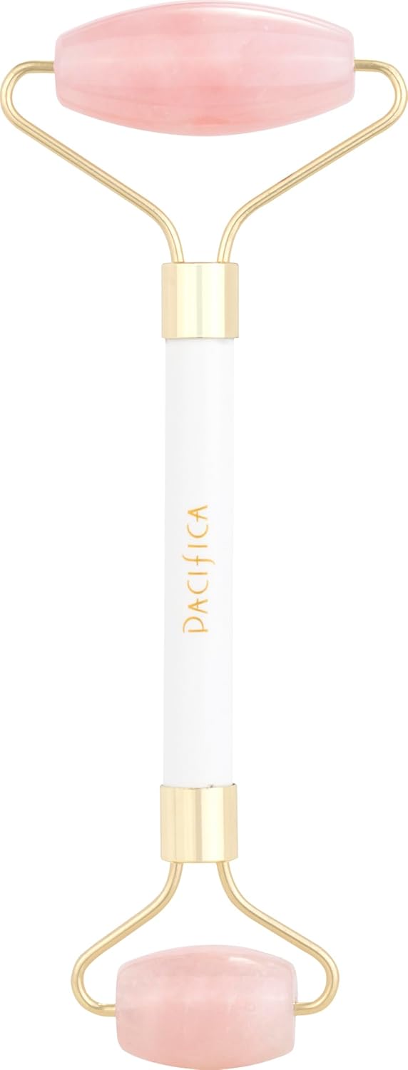 Pacifica Rose Quartz Facial Roller Massager – Crystal Gua Sha Skincare Tool for Face, Eyes & Neck – Cooling Stone Face Massager for Wrinkles, Fine Lines, Puffiness – Self Care Beauty Gift