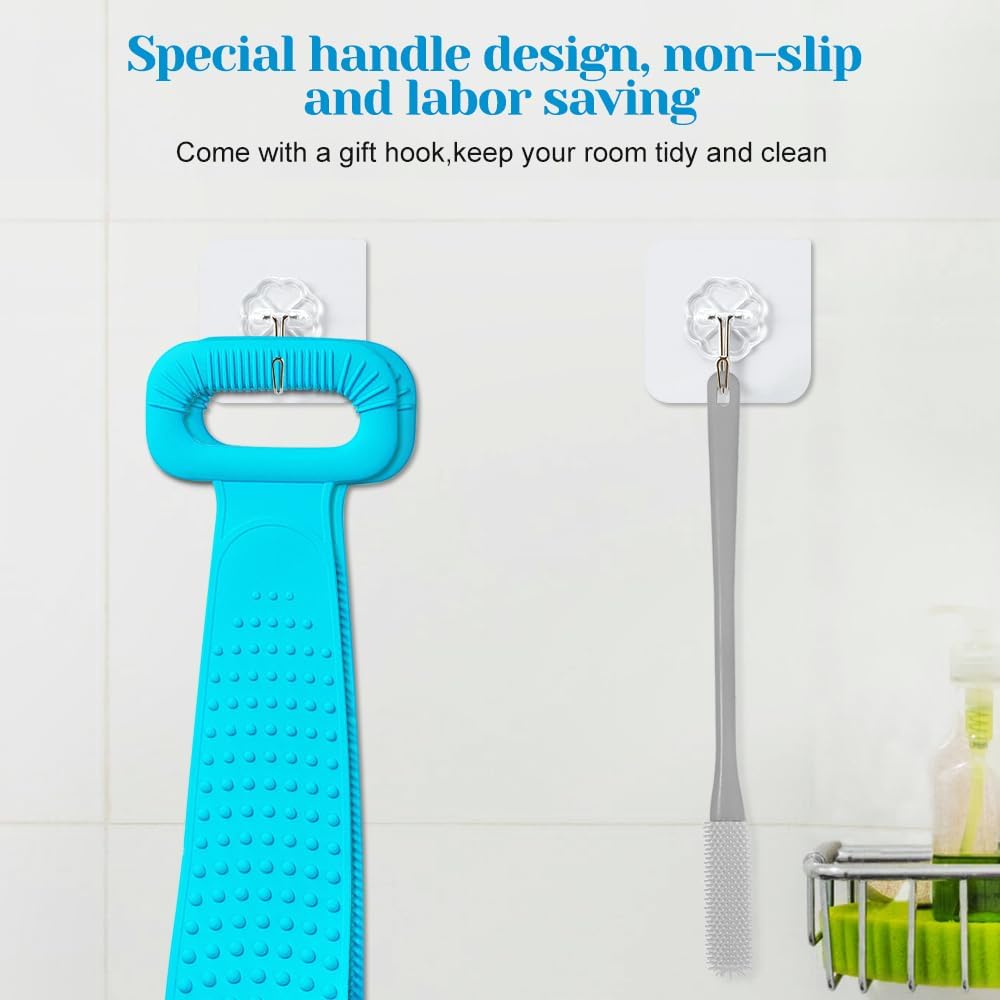 Inmorven Back Scrubber for Shower, 30" Double-Sided Back Brush with 15.7" Long Handle Toe Cleaning Brush, Silicone Foot Scrubber for Exfoliating and Massaging Feet