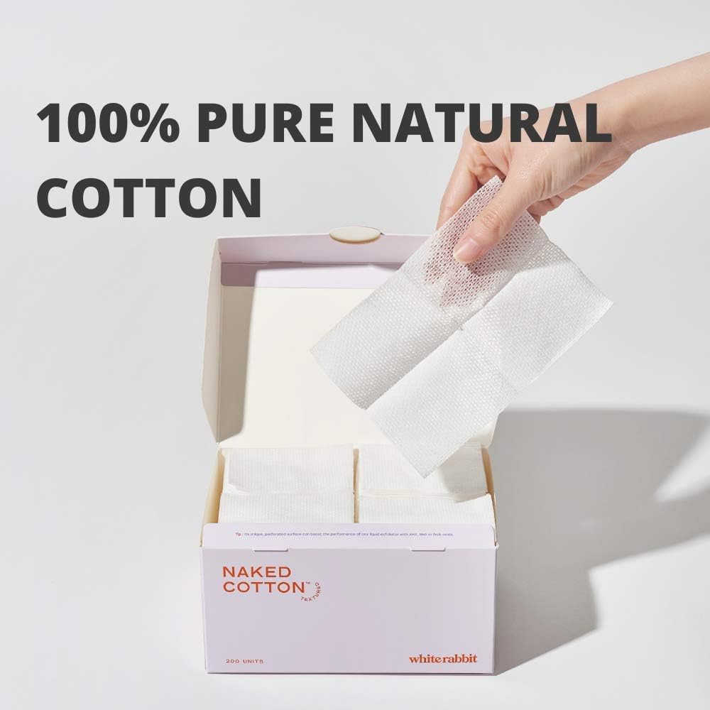 White Rabbit – Naked Cotton Textured – Unbleached Perforated Cotton Pads for Toner, Makeup Removal & Masks | Lint-Free, Exfoliating, Natural & Cruelty-Free | Korean Skin Care Product (200 Count)