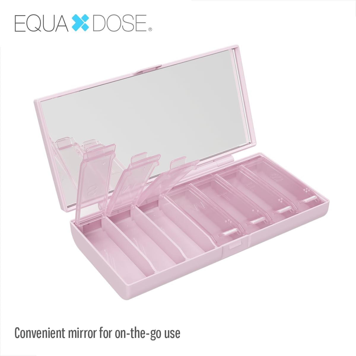 EQUADOSE Weekly Pill Case, 7-Day Medicine Organizer with Mirror, Compact, Stylish and Elegant, Pill Planner, 7 Individual Compartments for Supplements, Tablets, Vitamins, and Medications, Pink