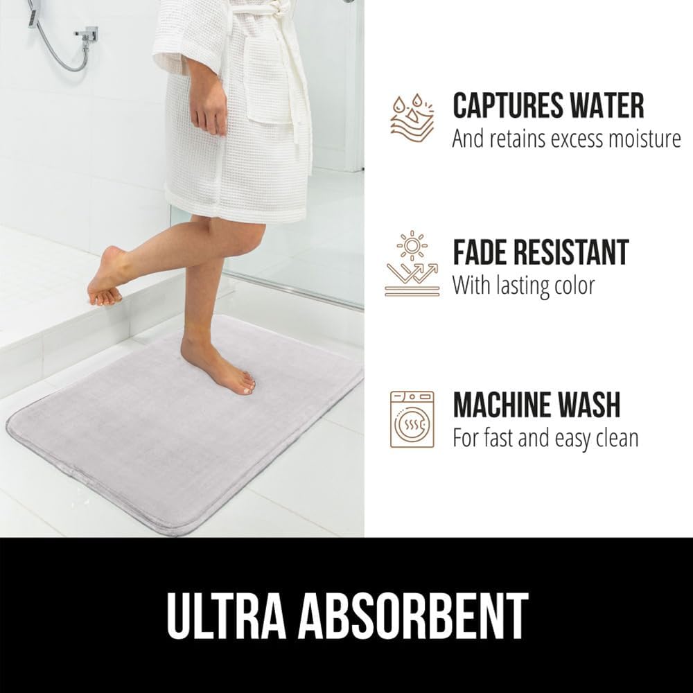 GORILLA GRIP Memory Foam Bath Rugs, Soft Absorbent Velvet Bathroom Mats, Durable Dots on Underside, Machine Washable Bathmat, Carpet Rug Room Decor for Shower Floor, 24x17 Mat, Light Gray