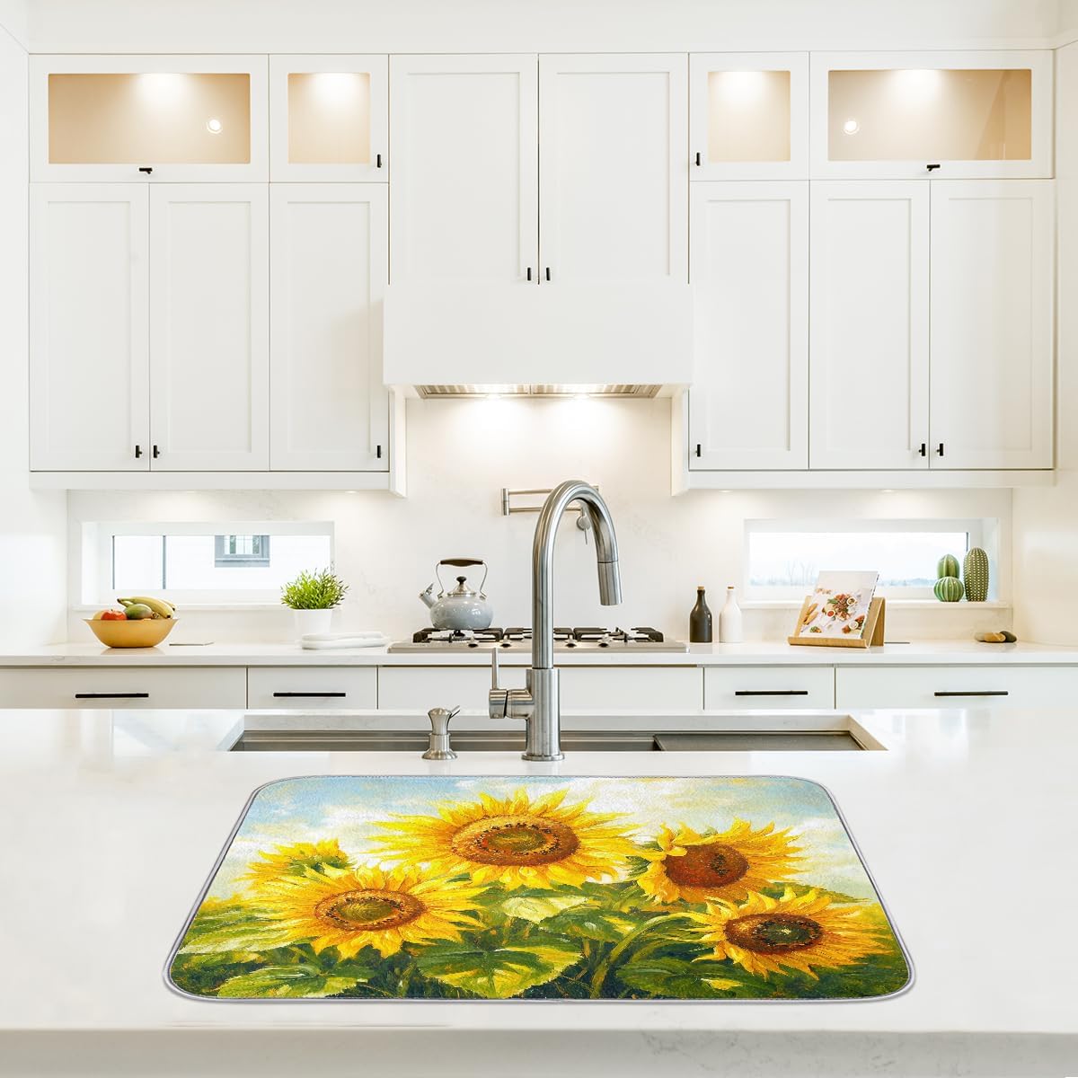 Dish Drying Mat Oil Painting Yellow Sunflowrs Large Drying Mat for Kitchen Counter 18x24in Absorbent Dish Drainer Rack Pad, Heat Resistant Coffee Bar Mats Countertop Protector