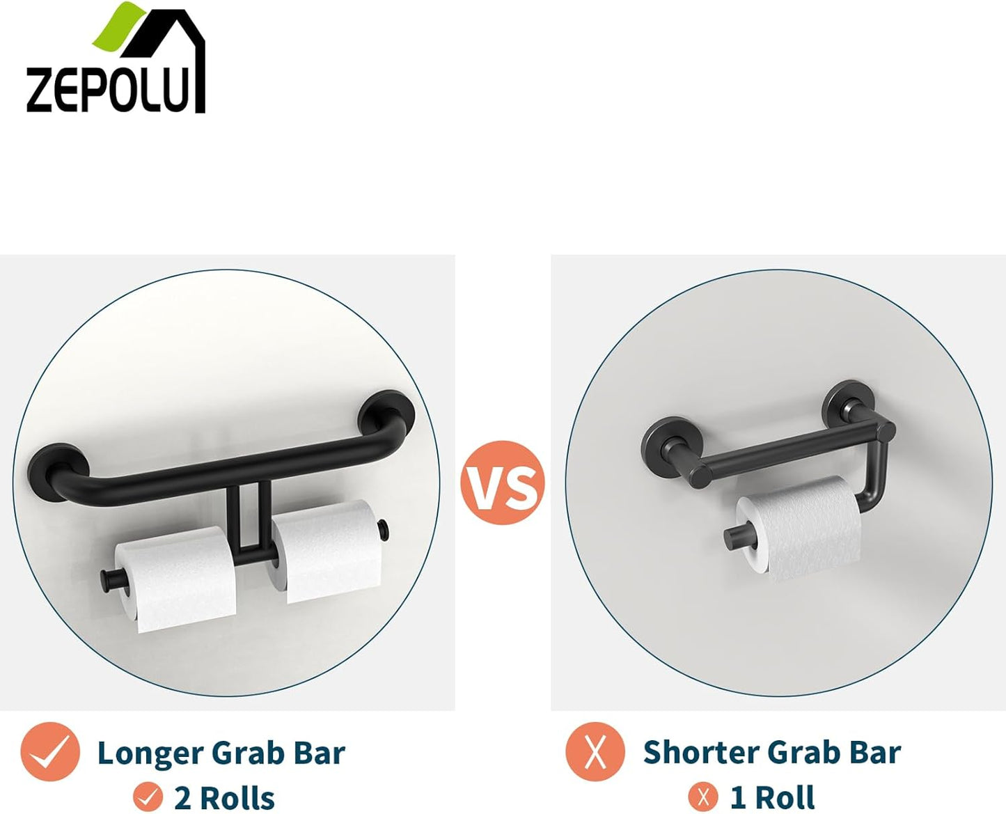 Black Handicap Grab Bar w/Toilet Paper Roll Holder, Zepolu 2-in-1 Safety Assist Bar Balanced Support Handle 17 Inch, Stainless Steel Wall Mounted Bathroom Toilet Grab Bar for Senior Elderly Disabled