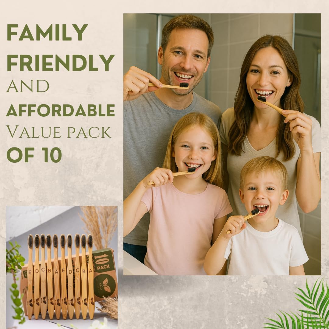 Bamboo Toothbrush 10 Pack, Soft Charcoal-Infused Bristles, Biodegradable, BPA-Free, Eco-Friendly, Sustainable, Natural, Organic and Pure Wooden Toothbrush by Kaili Wellness and More