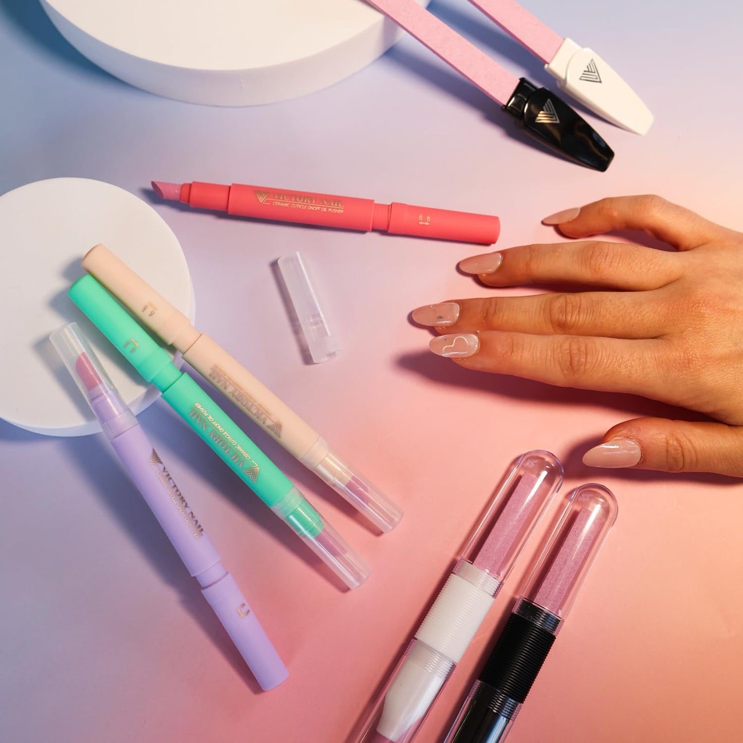 Cuticle Oil Pen 3-in-1 Ceramic Nail Buffer & Cuticle Remover – Moisturizing & Strengthening Nail Care for Dry, Damaged, Brittle Nails. (Pink)