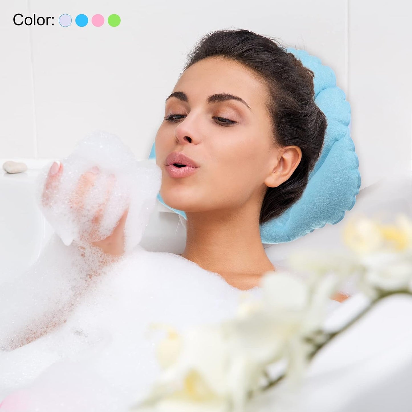 PATIKIL Inflatable Bath Pillow with Suction Cups, 2 Pack Terry Cloth Covered Shell Shape Soft Bath Spa Cushion Neck Support for Bathtub Hot Tub (Pink, White)