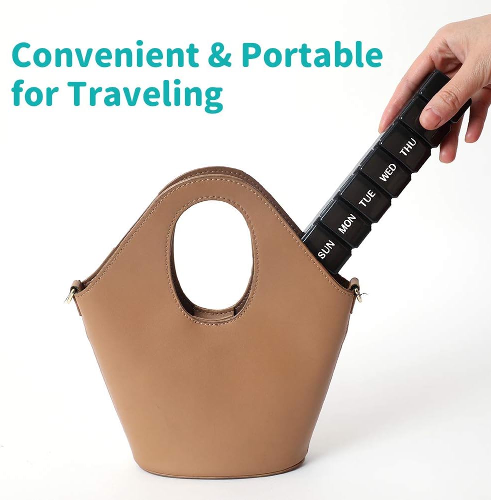 2 Packs Small Weekly Pill Organizer,Pocket Daily Pill Case Pill Box for Pills/Vitamin/Fish Oil/Supplements (Black)