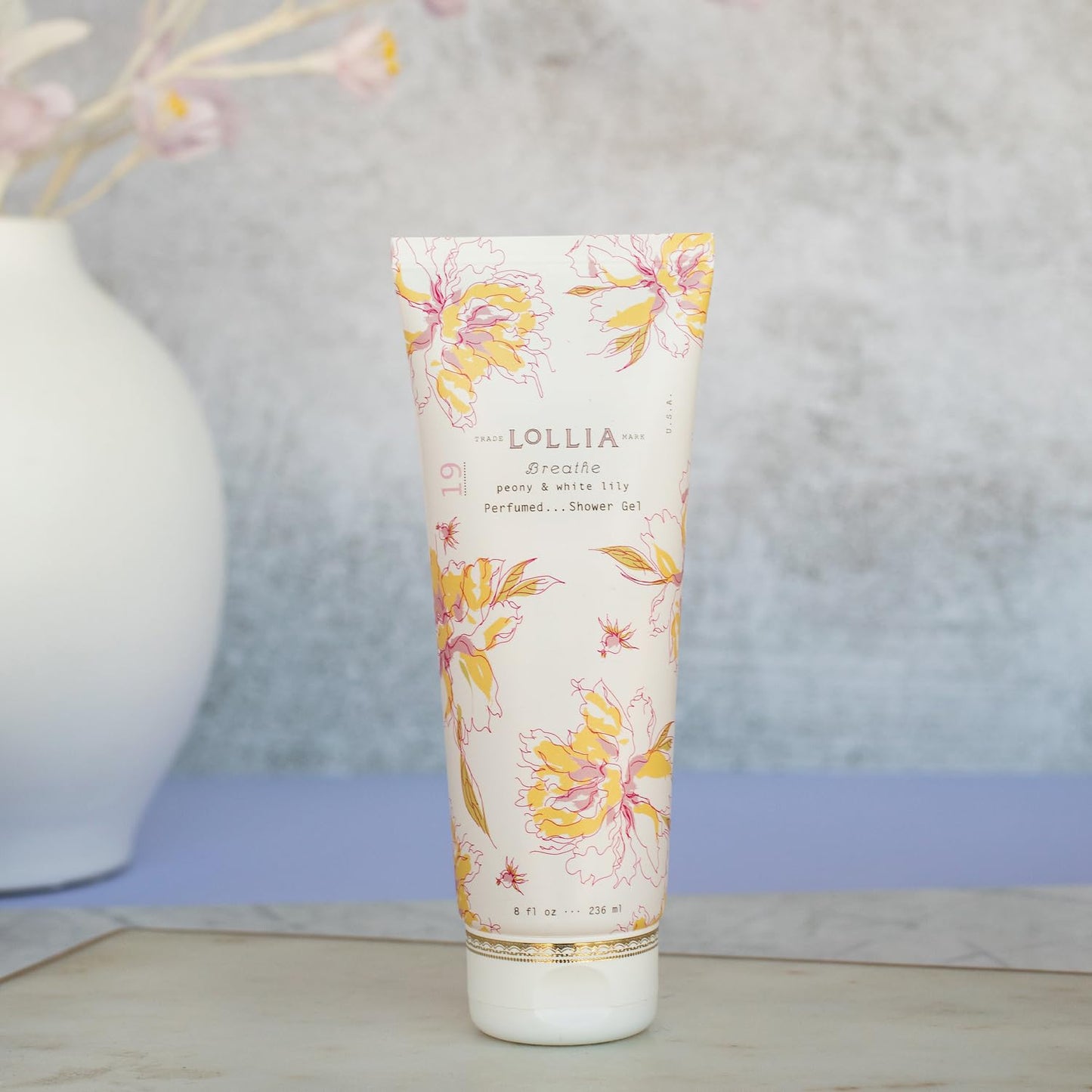 LOLLIA Breathe Shower Gel, 8 fl oz, Peony & White Lily, Luxury Shea Moisture Hydrating Women's Body Wash, Delicate & Relaxing Scented Bath Soap for Self Care