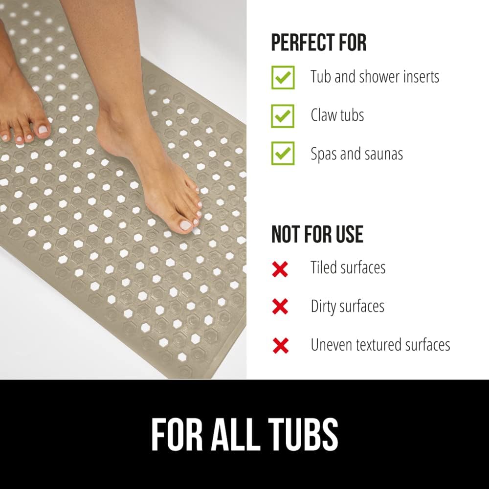 GORILLA GRIP Patented Bath Tub Shower Mat, Machine Washable Bathtub Floor Liner Mats, Suction Cups and Drain Holes to Keep Tubs Clean, Soft on Feet, Bathroom Essentials, 35x16 Inch, Beige