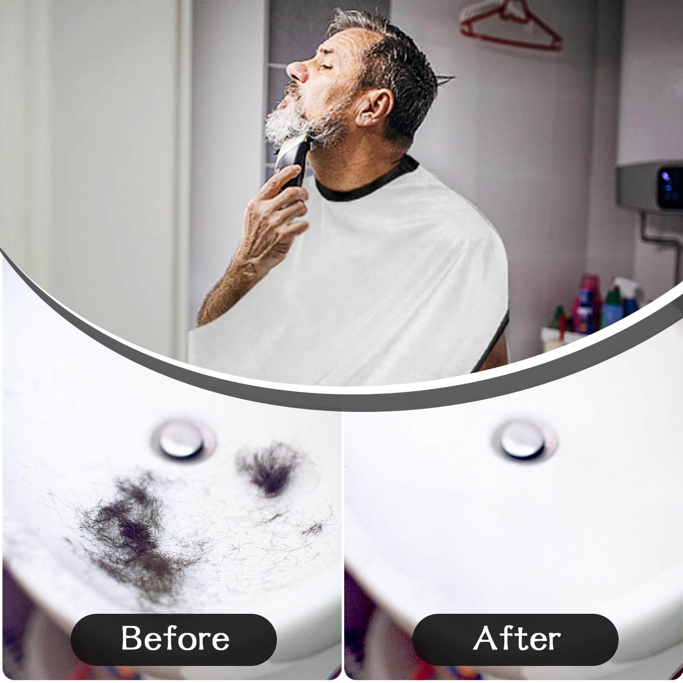 Beard Bib Apron, Father's Day Gift Trimming Catcher Bib for Shaving & Hair Clippings, Men's Waterproof Non-Stick Beard Cape Grooming Cloth, with 2 Suction Cups - White