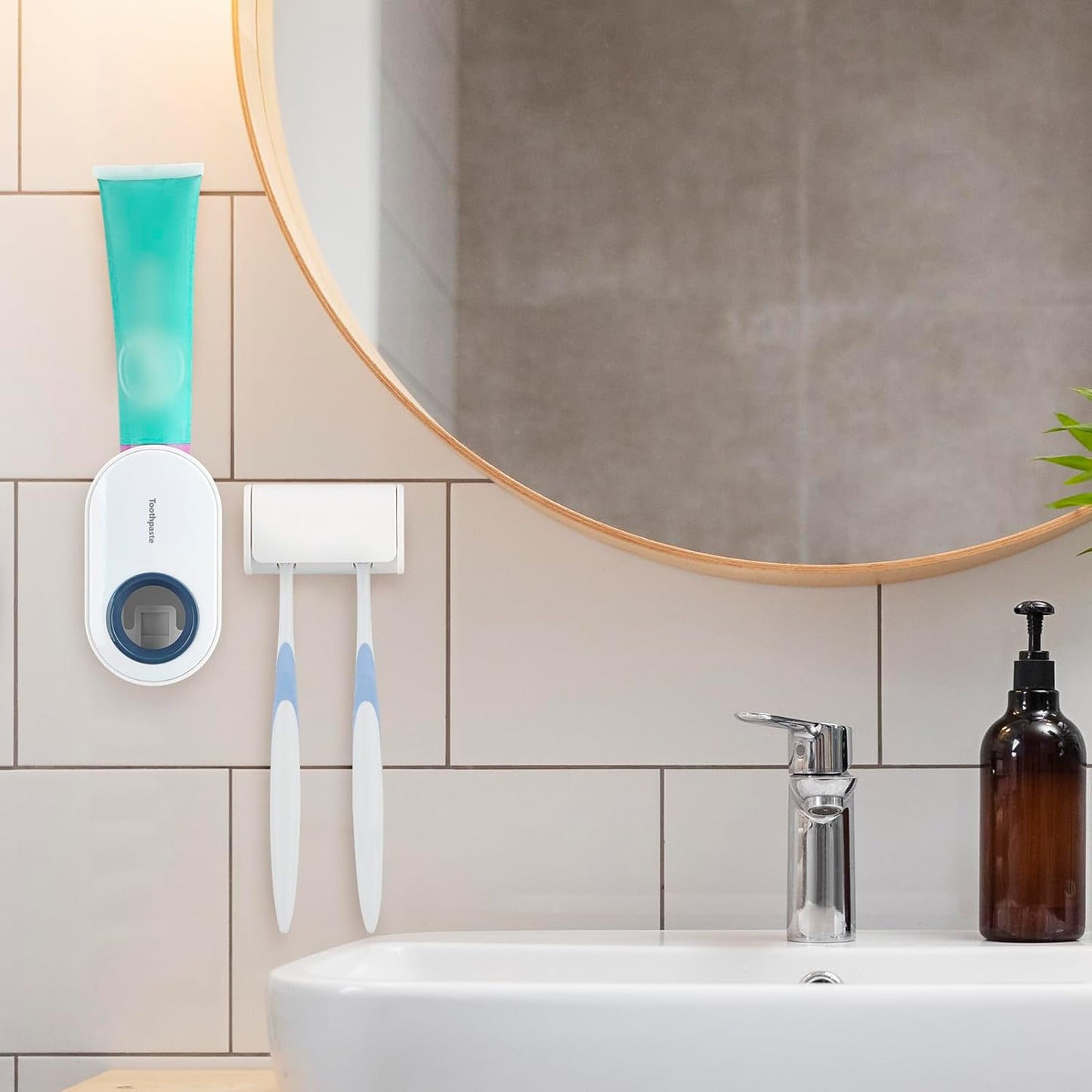 Toothbrush Holder Wall Mounted with Cover for Bathroom, 2 Slots Toothbrush Storage Organizer for Shower, Self Adhesive Toothbrush Hanger with Automatic Toothpaste Squeezer Dispenser