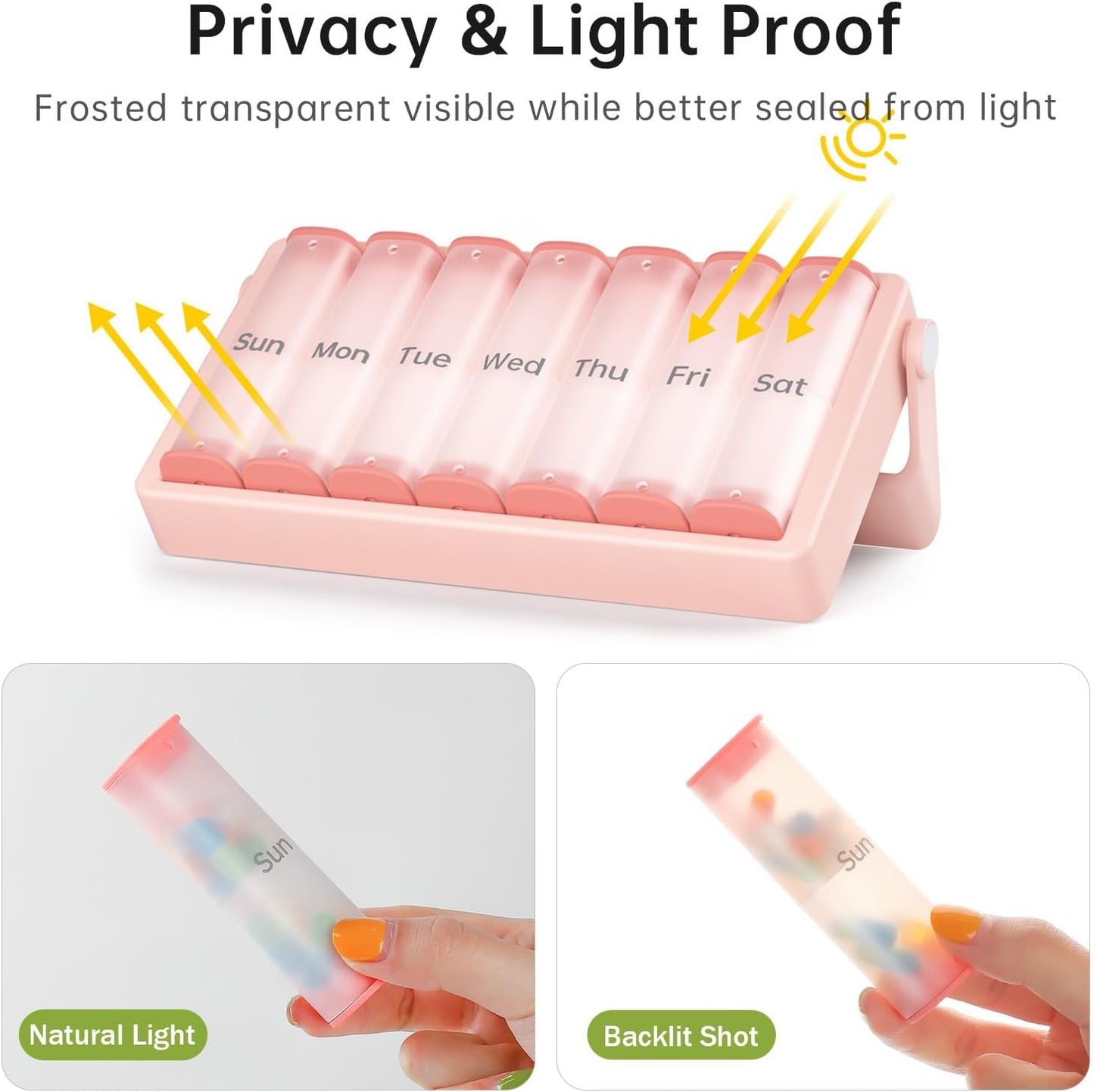 Weekly Pill Organizer 2 Times a Day, KOVIUU Large Travel Pill Box 7 Day, Am Pm Twice Daily Pill Case with Rotatable Handle, Pill Holder Container for Vitamin, Medicine, Supplement, Fish Oil, Pink