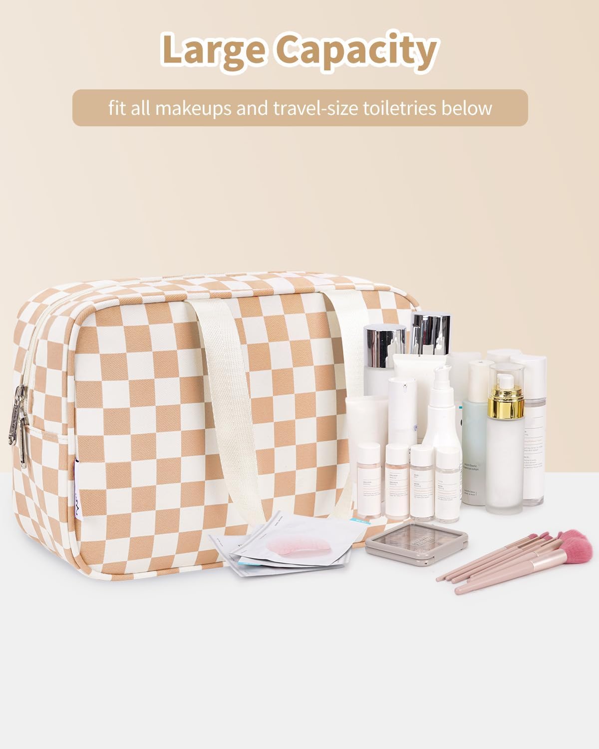 Narwey Large Checkered Travel Toiletry Bag Women Toiletries Bag Makeup Bag with Handle Make up bag Organizer Cosmetic Bag Medicine Bag for Girls (Light Checkerboard, Large)