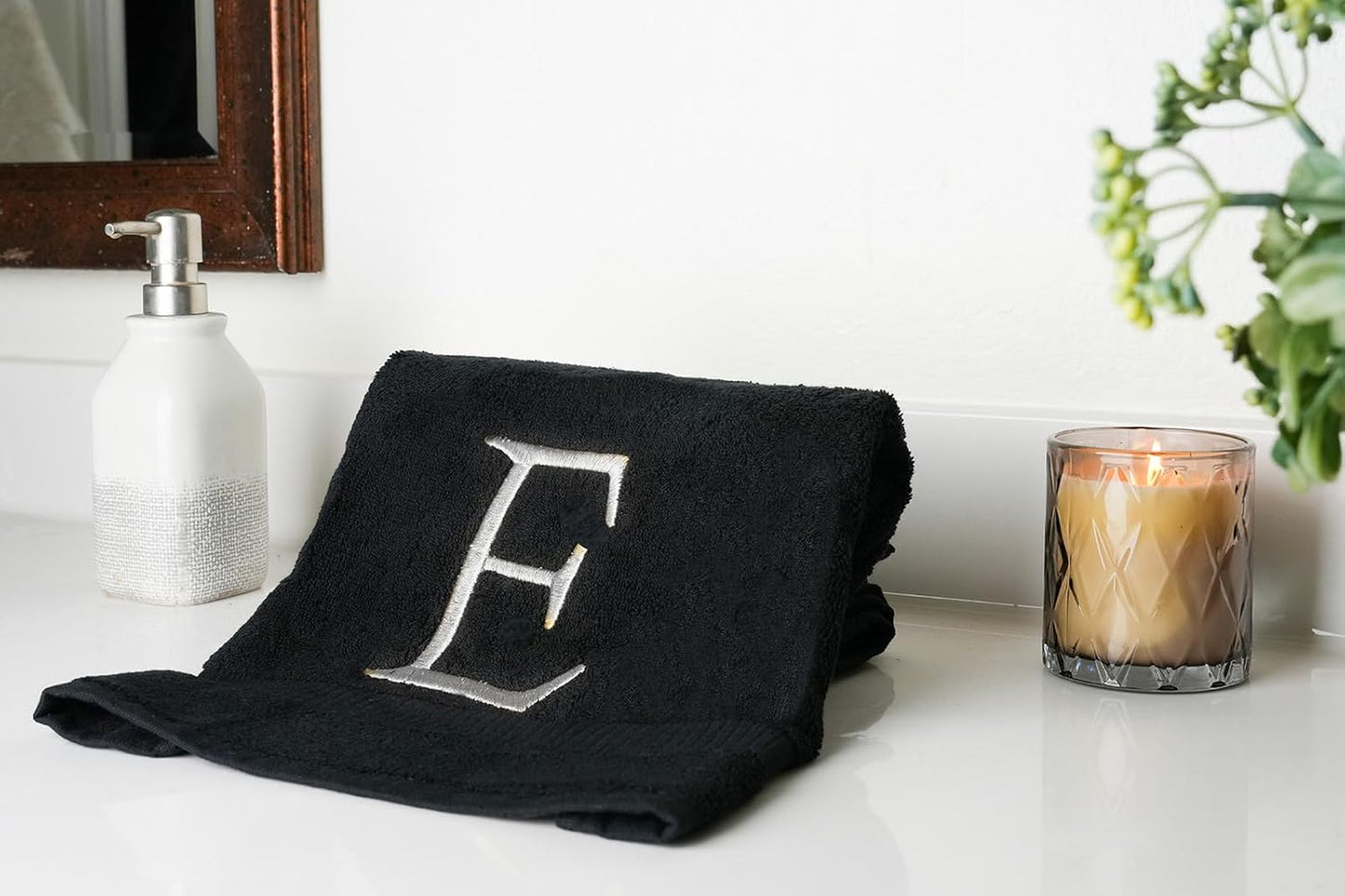 Black Monogram Hand Towel for Bathroom - Monogrammed Initial Hotel Quality Decorative Embroidered Luxury Towel for Powder Room, Spa - GOTS Organic Certified - Pack of 2 - Letter E