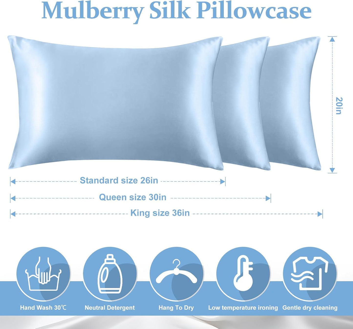 2 Pack 100% Pure Silk Pillowcase for Hair and Skin, Both Sides Mulberry Silk Pillowcases with Hidden Zipper, Cooling Pillowcase 19 Momme, 600 Thread Silk Pillow Cases King Size, Light Blue
