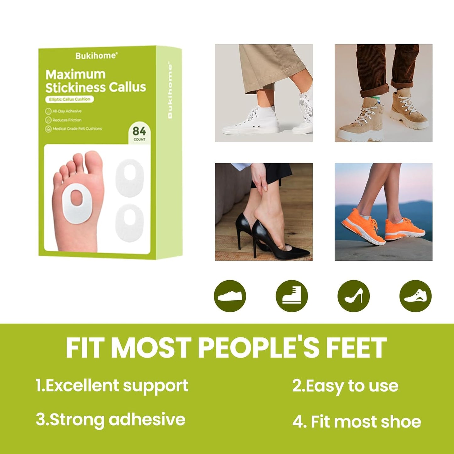 Bukihome Callus Cushions Corn Removers for Foot Bottom, 1/5" Thick Oval Corn Removers Callus Pads, Adhesive Corn Pads for Men & Women - Relieve Friction, Pressure & Shoe Rubbing (White, 84 Count)