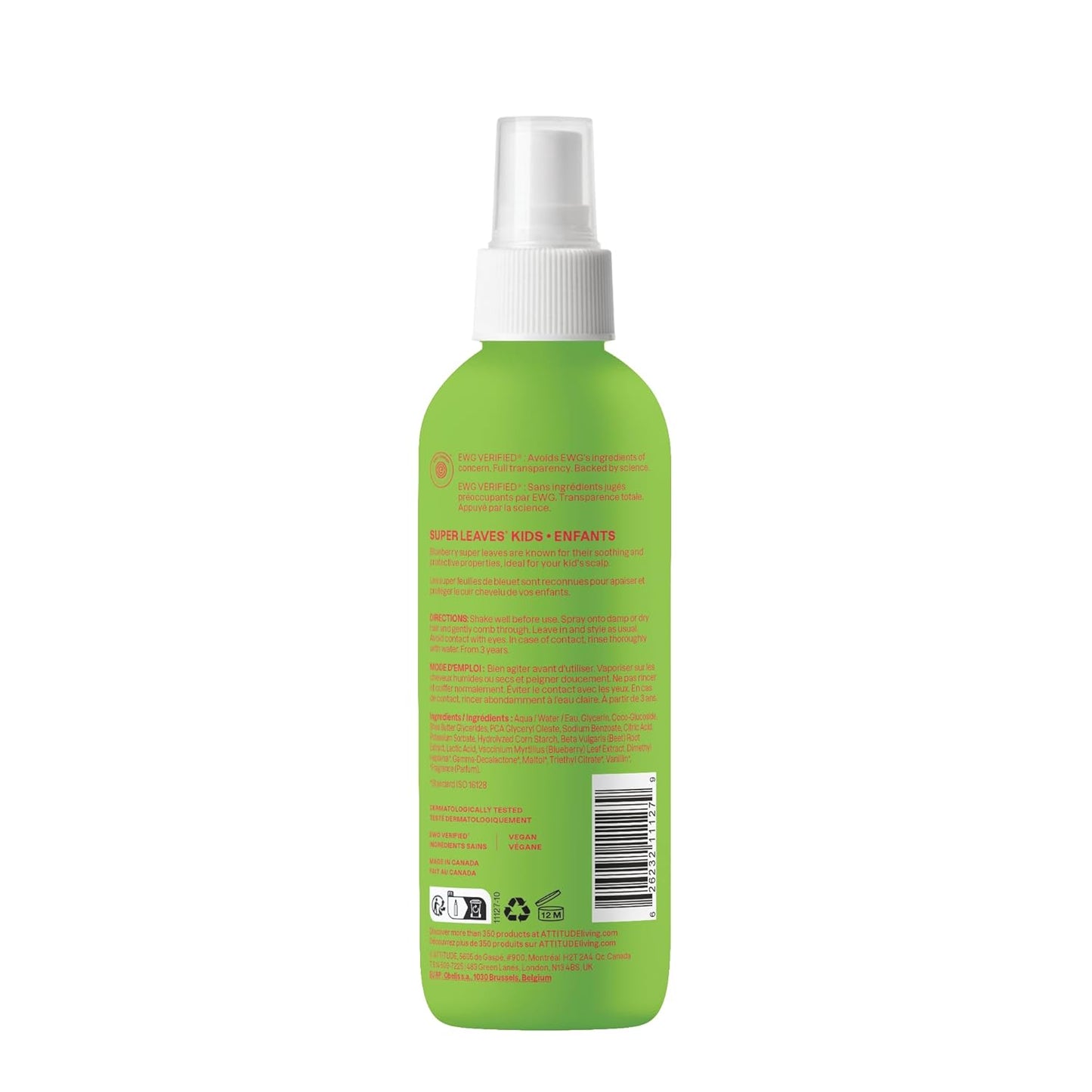 ATTITUDE Rinse-free Hair Detangler Spray for Kids, EWG Verified Leave In Product, Plant- and Mineral-Based Ingredients, Vegan, Watermelon & Coco, 8 Fl Oz