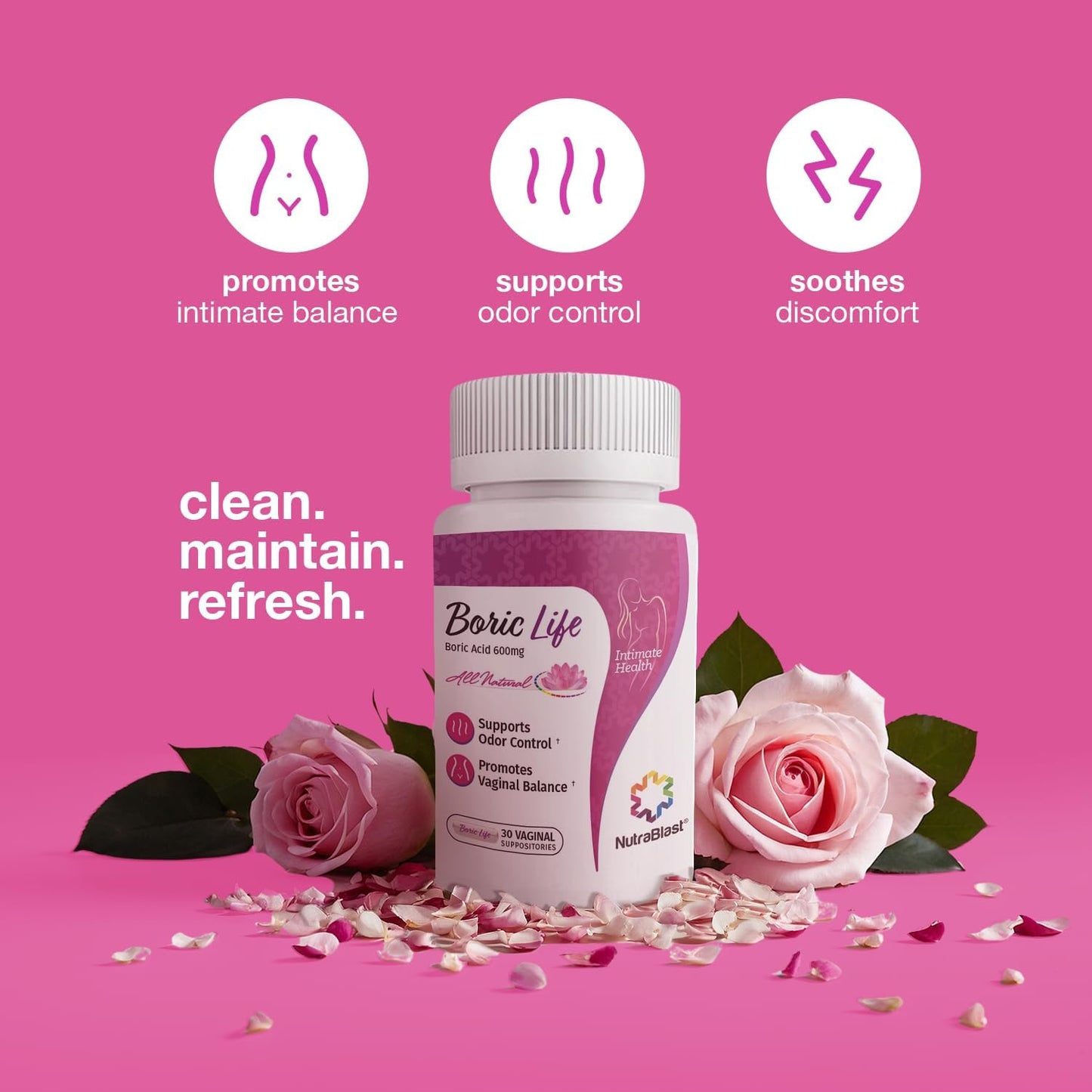 NutraBlast Boric Acid Vaginal Suppositories - 100% Pure Made in USA - Boric Life Intimate Health Support (60 Count)