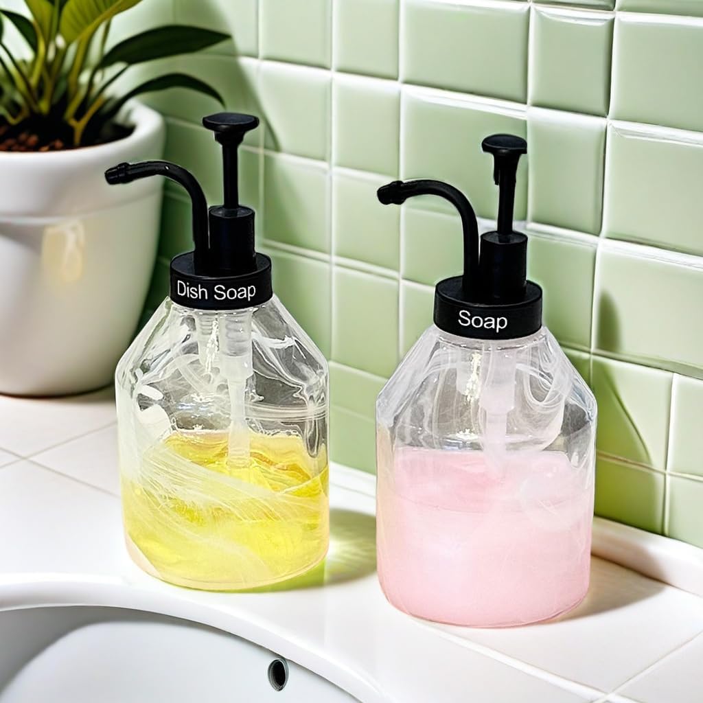 Bathroom Glass Soap Dispenser Set, 2 Pcs 375ml/12.7 Oz Unique 3D Cloud Pattern Thick Glass Soap Bottle with Smooth Action Rust-Free Black ABS Pump for Kitchen Counter Dish Soap Dispenser