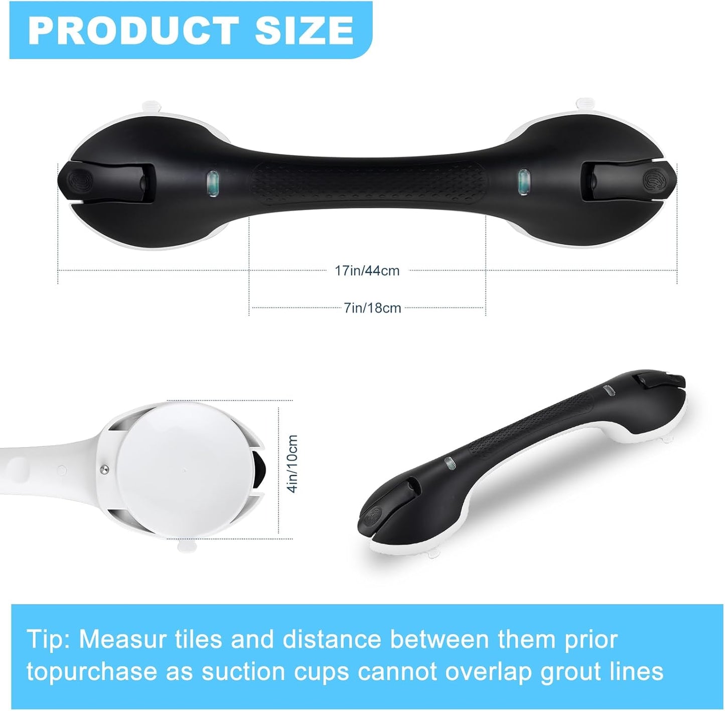 Suction Grab Bars for Bathtubs and Showers, Heavy Duty Shower Handle Removable Shower Handrails for Kids, Bathroom Safety Grip Waterproof(Black)