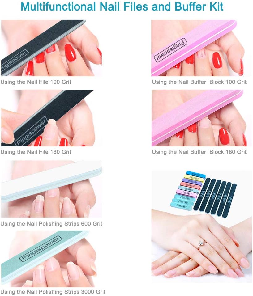 Nail Files and Buffers Kit, 15PCS Professional Emery Board Nail File for Natural & Acrylic Nails, Reusable with Washable 100/180 & 600/3000 Grit Nail Buffer Block Suit Home and Salon