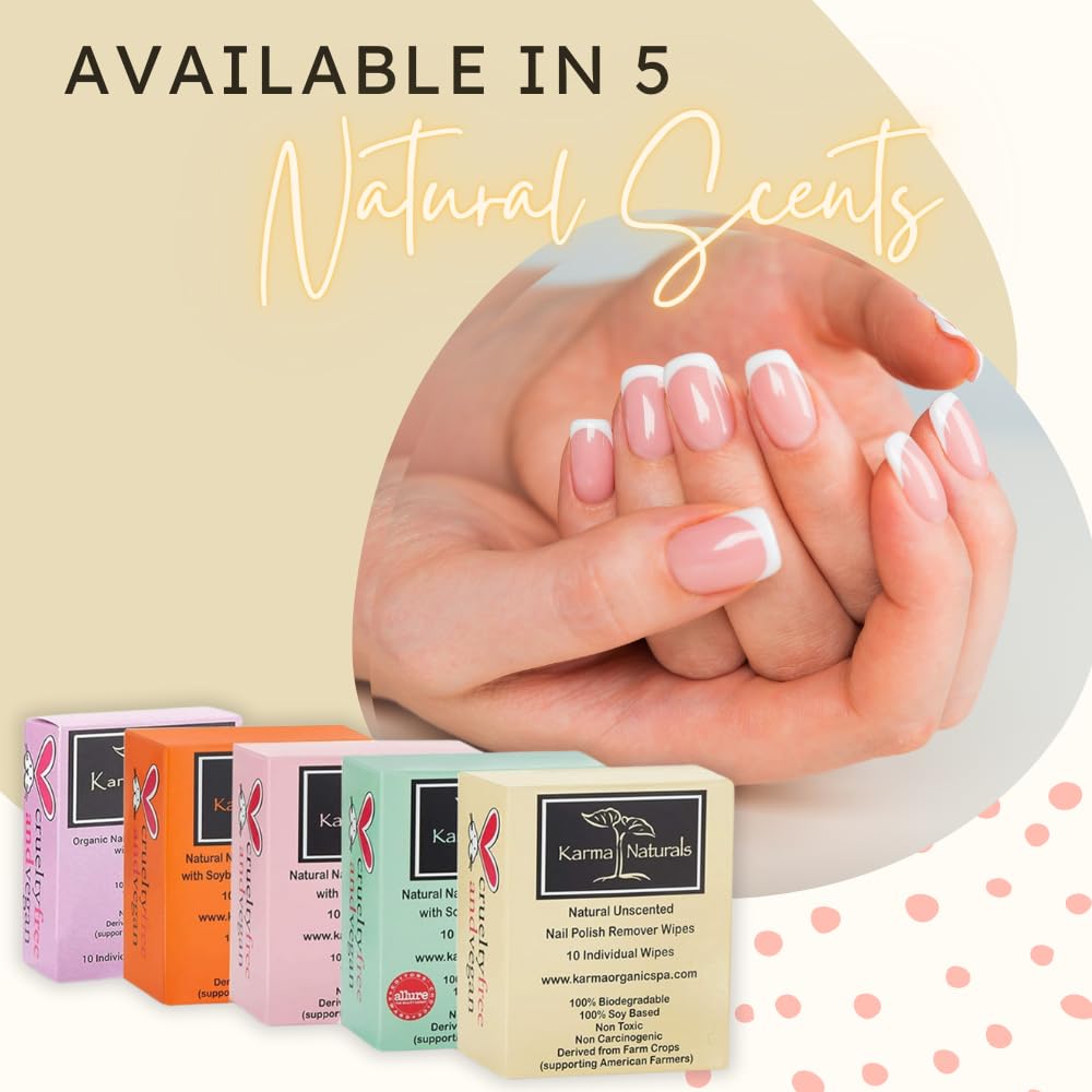 Karma Organic Unscented Nail Polish Remover Wipes, 100% Soy Based, Non-Toxic, Vegan, Cruelty-Free – Pack of 10