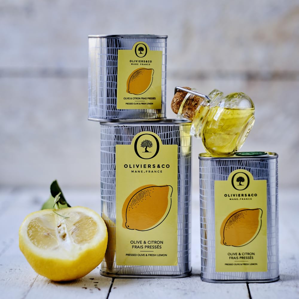 Cold Pressed Lemon Olive Oil by Oliviers & Co | Extra Virgin Olive Oil with Fresh Whole Lemons | Gourmet Italian EVOO for Seafood, Vegetables & Desserts | 8.4 Fl Oz in Metal Tin
