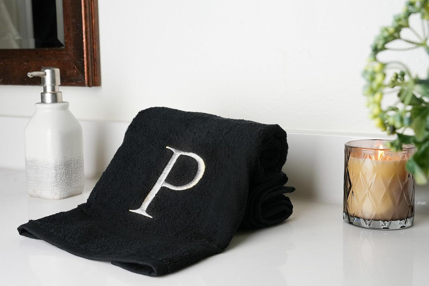 Black Monogrammed Hand Towel for Bathroom - Initial Hotel Quality Decorative Embroidered Luxury Towel for Powder Room, Spa - GOTS Organic Certified - Set of 2 White Letter P