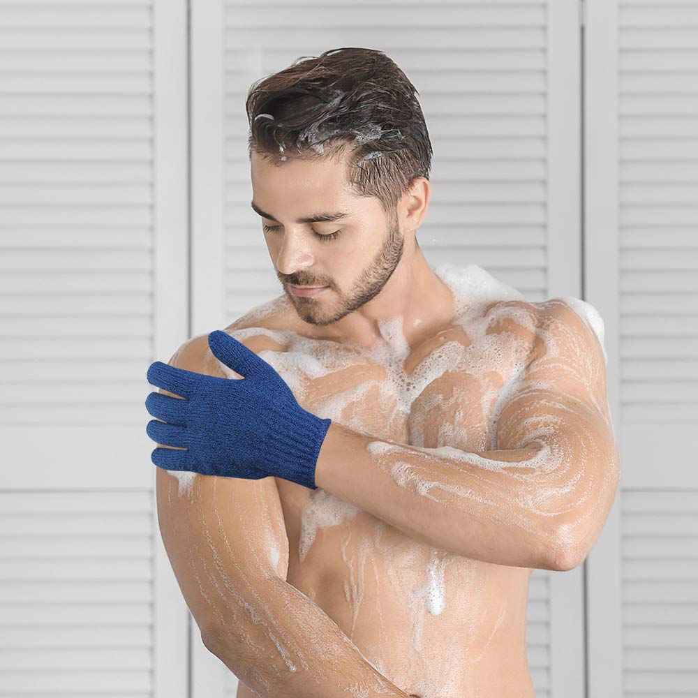 Bath Exfoliating Gloves Scrub - 4 pcs (2 Pair) Lengthened and Large Exfoliating Scrubbing Gloves for Shower, Spa, Massage - Scrub Exfoliating Mitts for Body, Face, Hand and Foot(Blue and Pink)