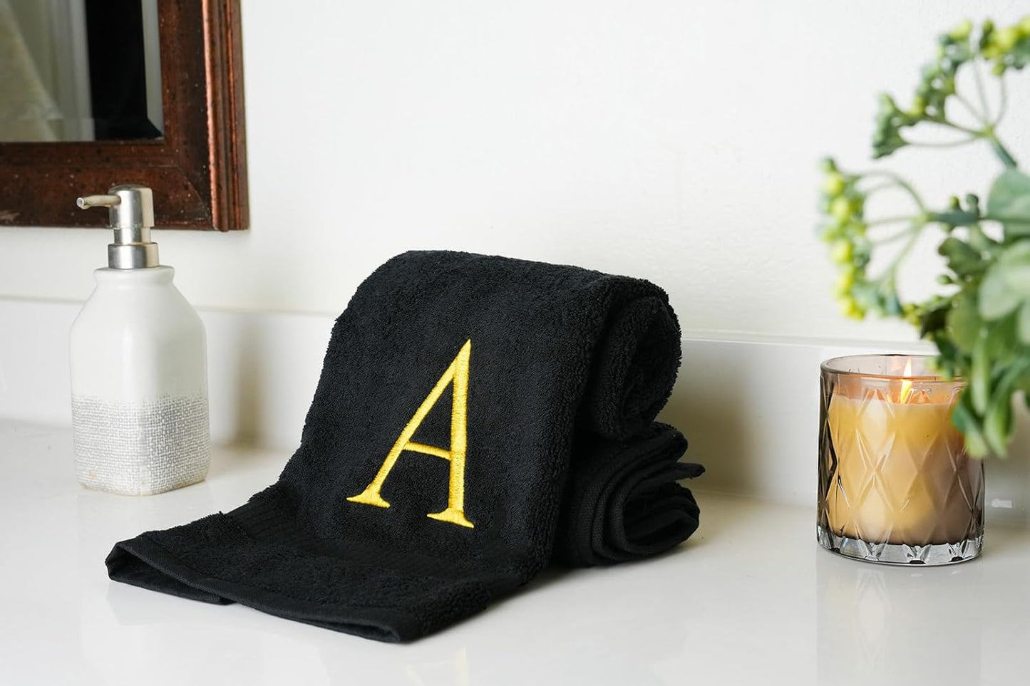 Black Monogrammed Hand Towels for Bathroom- Black and Gold Luxury Hotel Quality Personalized Initial Decorative Embroidered for Powder Room, Spa-GOTS Organic Certified - Pack of 2, Letter A