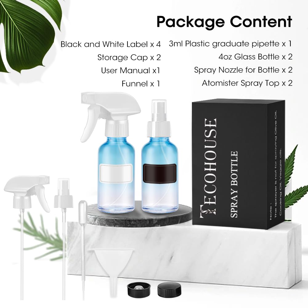 Tecohouse Glass Spray Bottles 4 oz, 2 Pack Spray Bottles for Hair Empty Refillable Fine Mist Sprayer with Labels, Funnel, Pipettes Blue