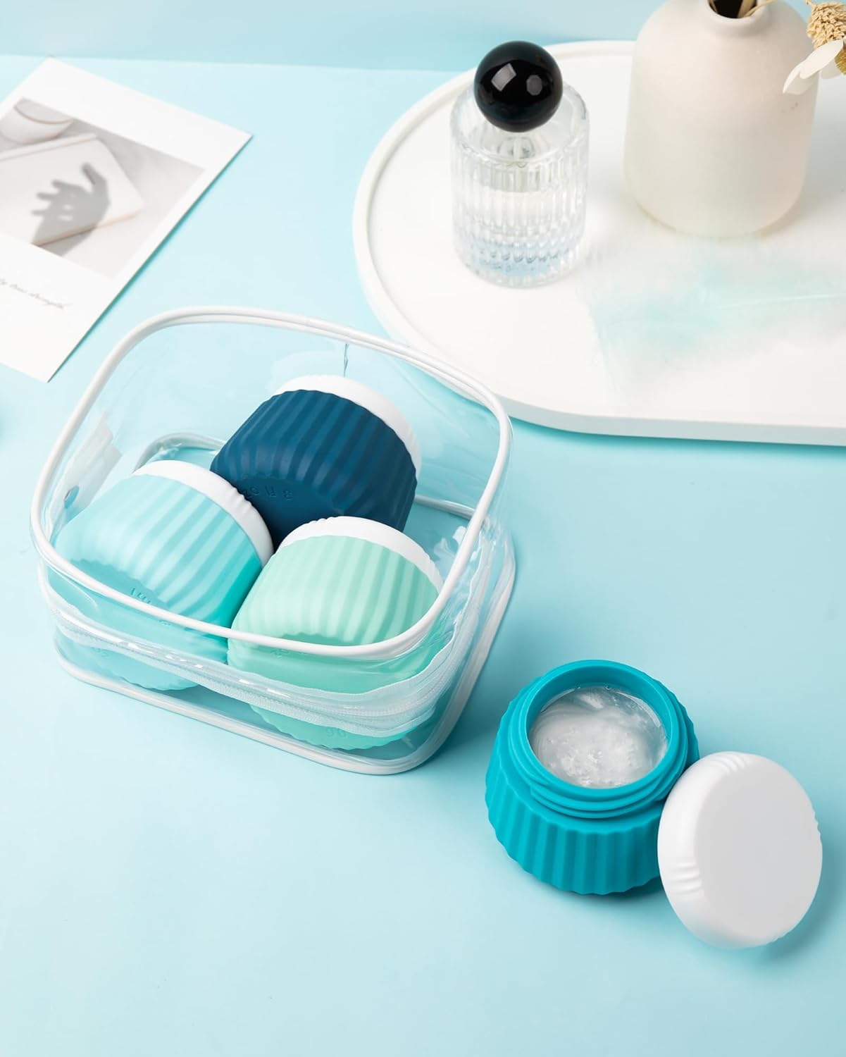 Travel Containers for Toiletries 4 Pack, TSA Approved Travel Size Toiletries, Travel Size Containers, With Clear Bag Leak Proof Silicone Jars, Travel Essentials Creams Jars Carrying Small Items