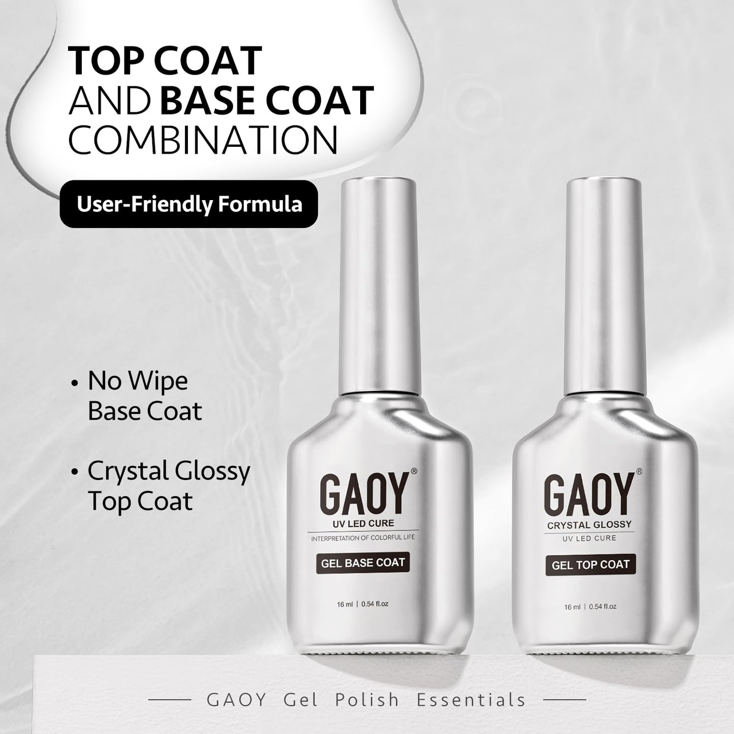 GAOY Crystal Glossy Gel Top and Base Coat Set, 16ml 2 Pcs High-Gloss Top Coat and No Wipe Foundation Combination for UV Light Gel Nail Polish