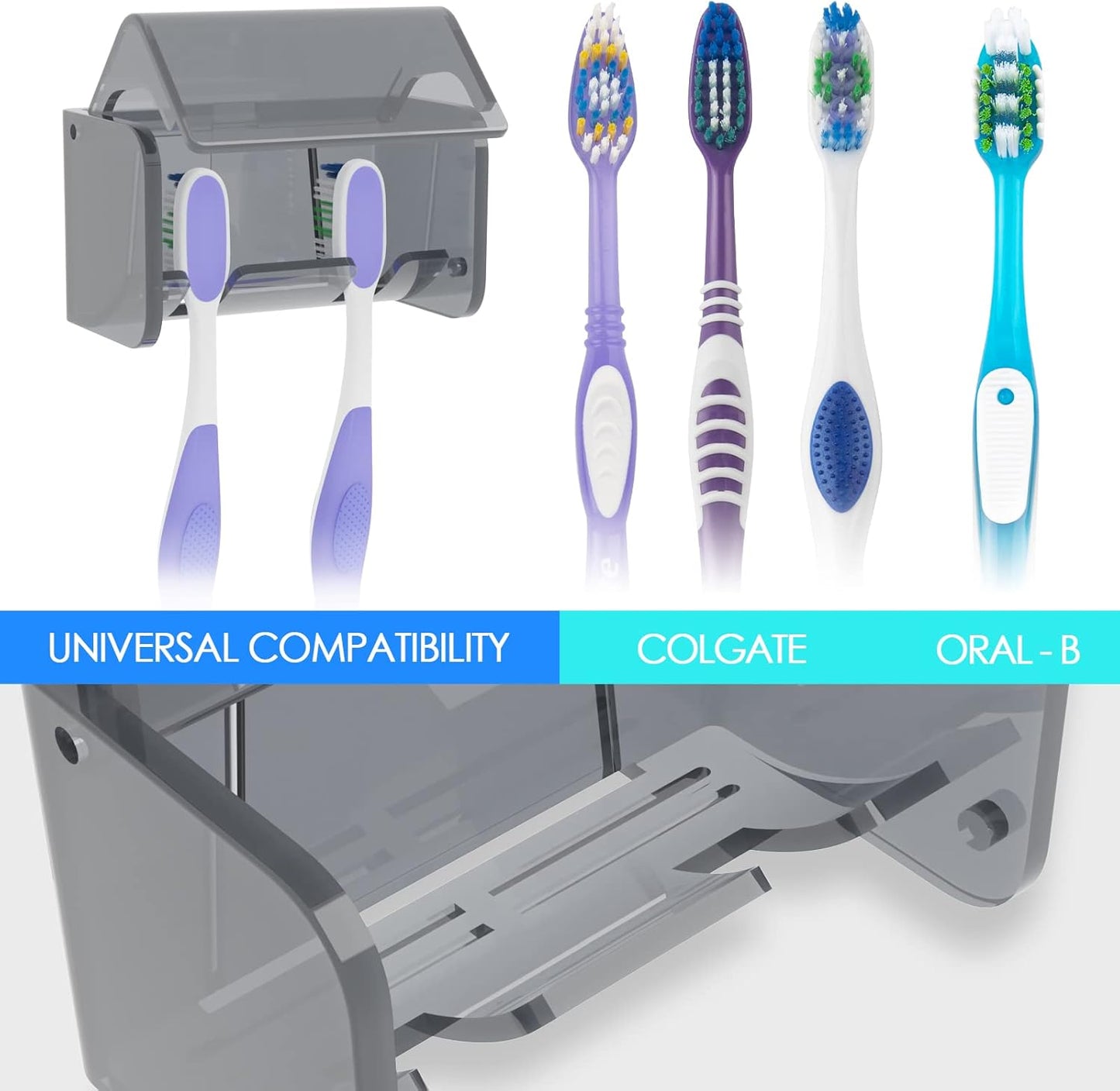 Toothbrush Holder Wall Mounted with Cover for Bathroom, 2 Slots Toothbrush Storage Organizer for Shower, Self Adhesive Toothbrush Hanger Rack for Dorm, Cabinet (Grey)