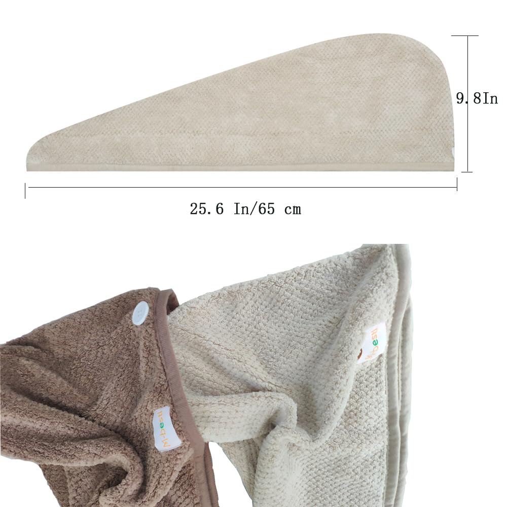 2 Pack Hair Drying Towels,Hair Wrap Towels,Absorbent Microfiber Hair Towel Turban with Button Design to Dry Hair More Quicker(Khaki&Coffee)