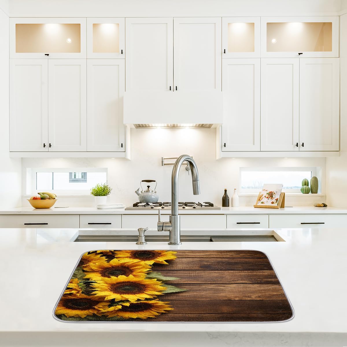 Dish Drying Mat Sunflower Wooden Board Large Drying Mat for Kitchen Counter 18x24in Absorbent Dish Drainer Rack Pad, Heat Resistant Coffee Bar Mats Countertop Protector