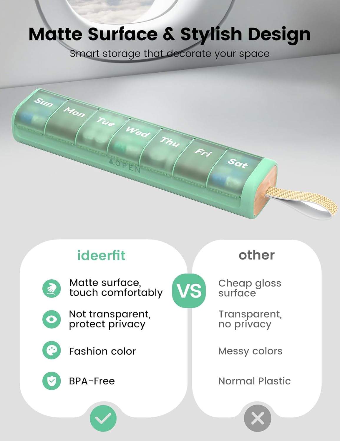 Weekly Medicine Pill Organizer, 7 Day Daily Pill Box Case Travel with Portable Handle, Moisture-Proof Desiccant & Secure Hinges for Vitamins, Medication Supplements