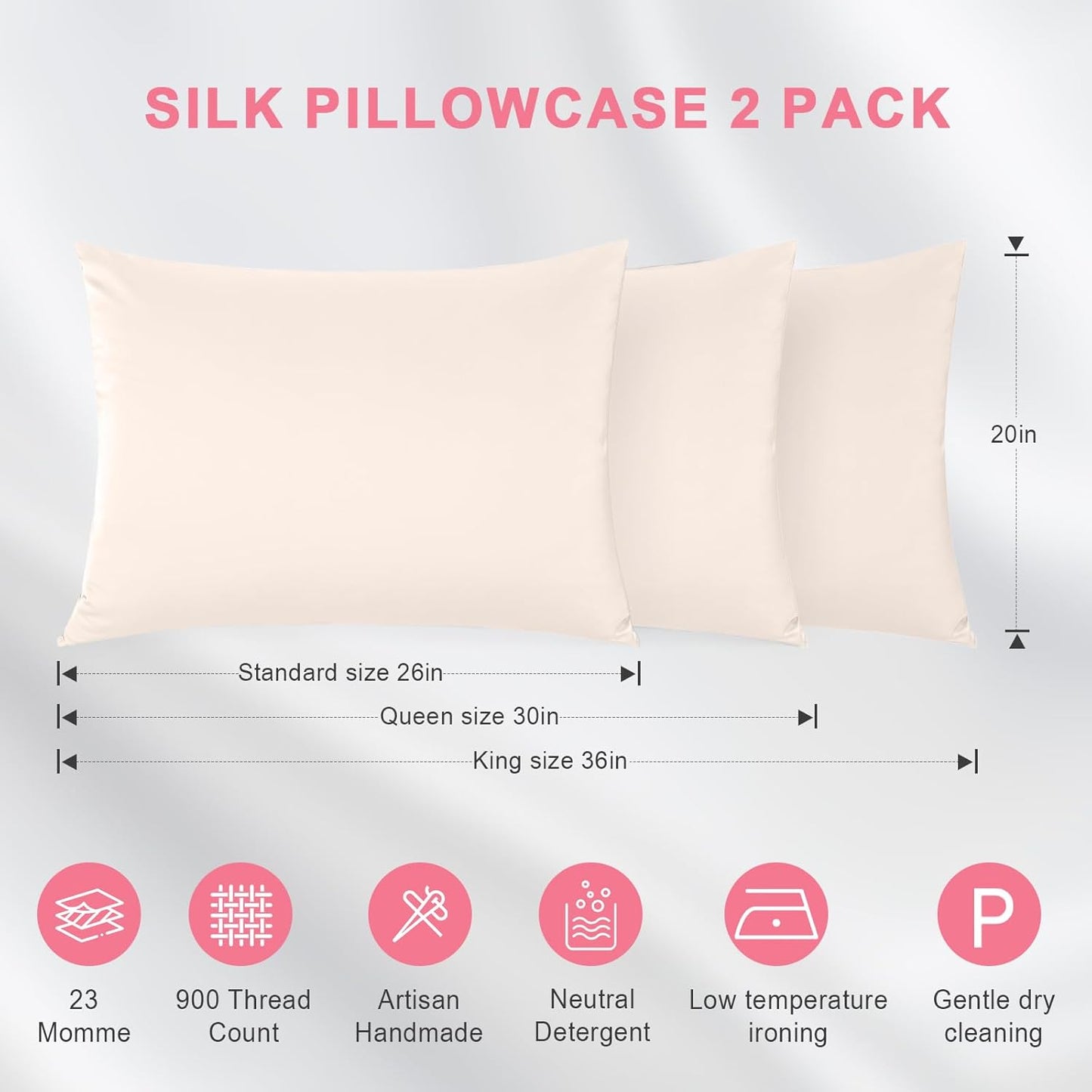 100% Silk Pillowcase 2 Pack for Hair and Skin, Both Sides 23 Momme Grade 6A+ Mulberry Silk Pillowcases with Hidden Zipper, Soft&Smooth Cooling Pillow Cases (Beige, Queen 20×30)