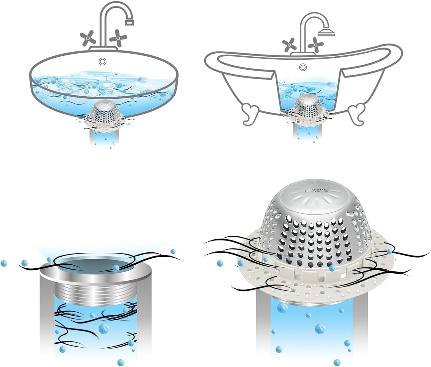 LEKEYE Shower Drain Hair Catcher/Shower Drain Cover/Drain Protector for Pop-Up & Regular Drains(Light Gray)
