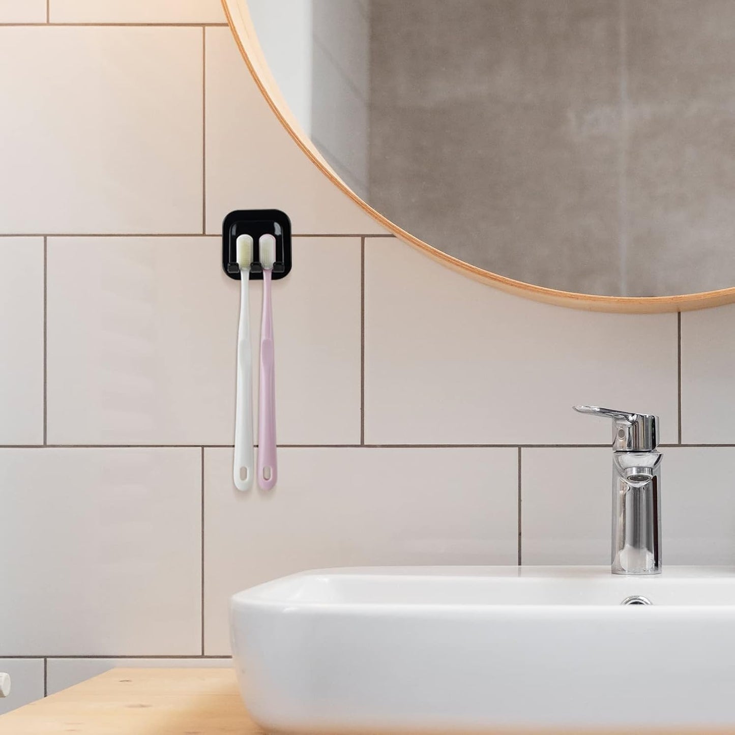 2 PCS Self-Adhesive Toothbrush Holders Wall Mounted, Water Proof Toothbrush Hook, 2 in 1 with Toothbrush Hanger and Gargle Cup Holder for Bathroom Shower (Black)