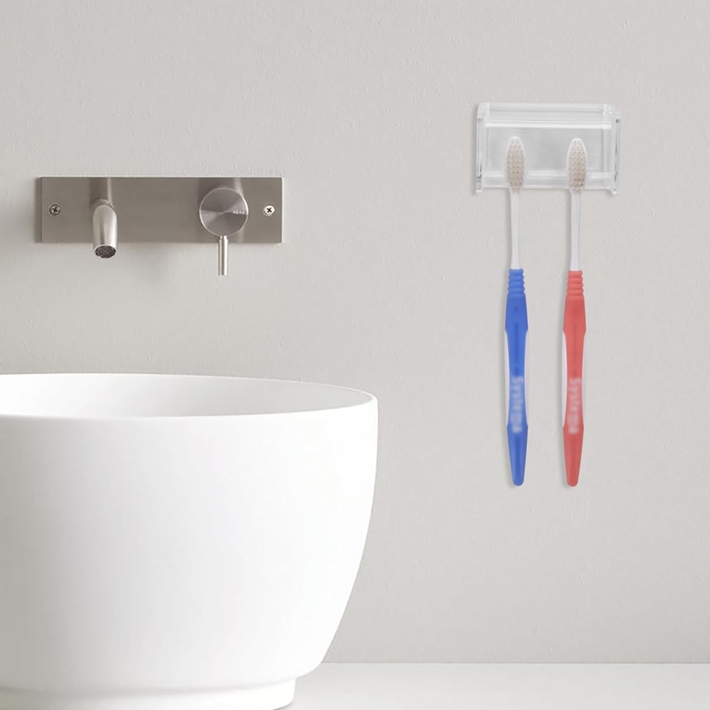 Toothbrush Holder Wall Mounted with Cover for Bathroom, 2 Slots Toothbrush Storage Organizer for Shower, Self Adhesive Toothbrush Hanger Rack for Dorm, Cabinet (Clear)