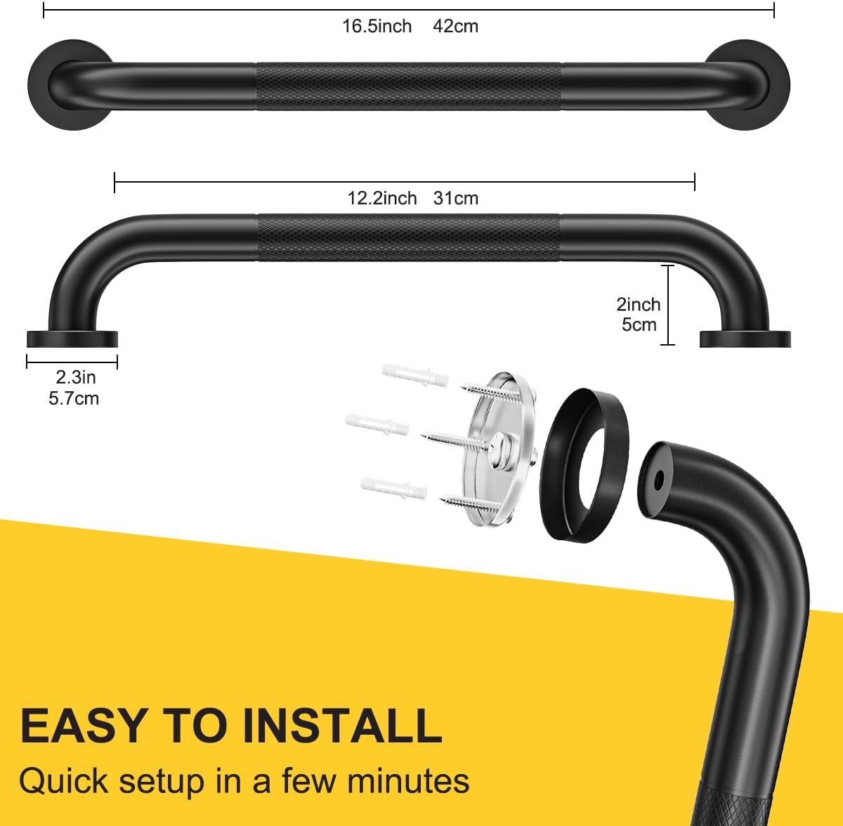 FANHAO 2 Pack Shower Grab Bar, 16 Inch Stainless Steel Bathroom Grab Bar with Anti-Slip Knurled Grip, Shower Handle Bath Handle, Safety Bars for Shower Chair Bench, Senior, Elderly, Handicap