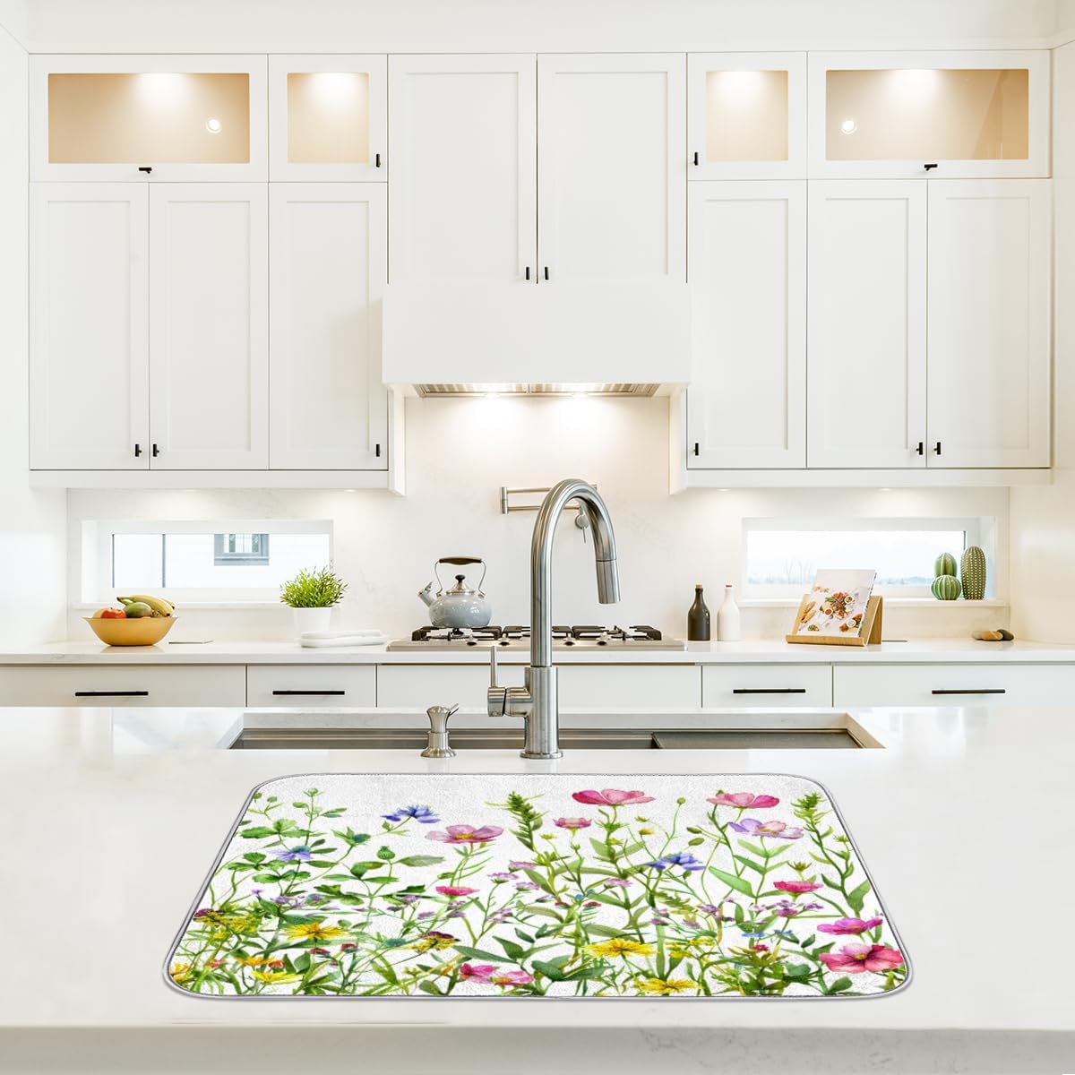 Hexteria Colorful Flowers Large Dish Drying Mats for Kitchen Counter 18 X 24 Inch Spring Floral Microfiber Dish Mat, Dish Drainer Mats for Countertops, Wildflower