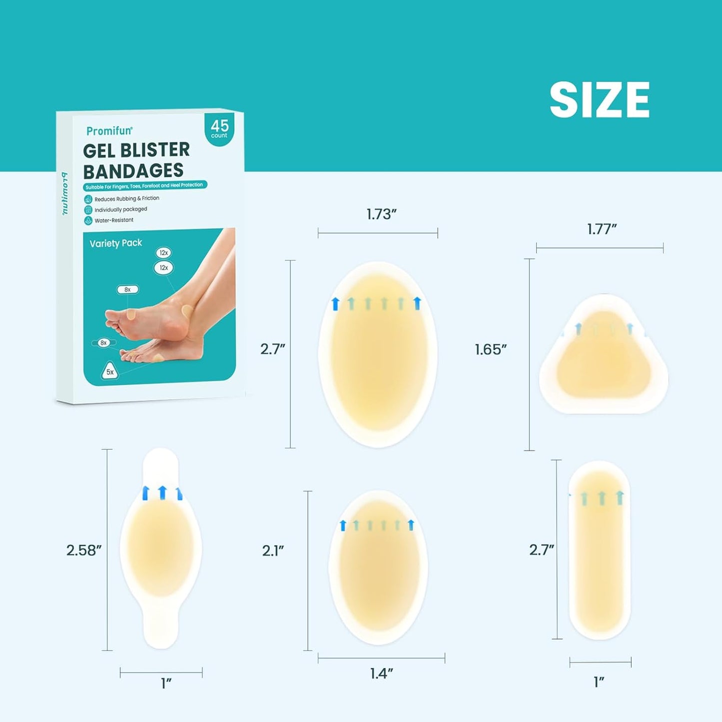 Hydrocolloid Gel Blister Bandages Pads - Promifun Waterproof Adhesive Blisters Bandages - Blister Pads for Heel, Foot, Toe, Feet - Gel Blister Chshions for Prevention & Recovery (45ct, Variety Pack)