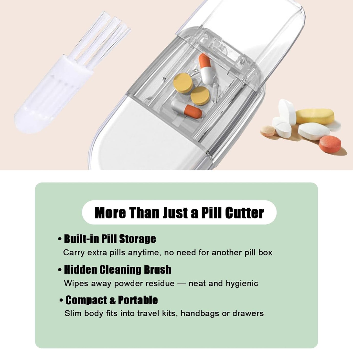 Clear Pill Cutter & Crusher – Precision Tablet Splitter with Safety Blade Guard, Pill Storage and Built-in Cleaning Brush – for Small and Large Pills, Travel Ready (Transparent White)